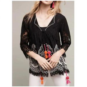 Anthropologie Hemant & Nandita Embroidered Lace Blouse with Pom Pom